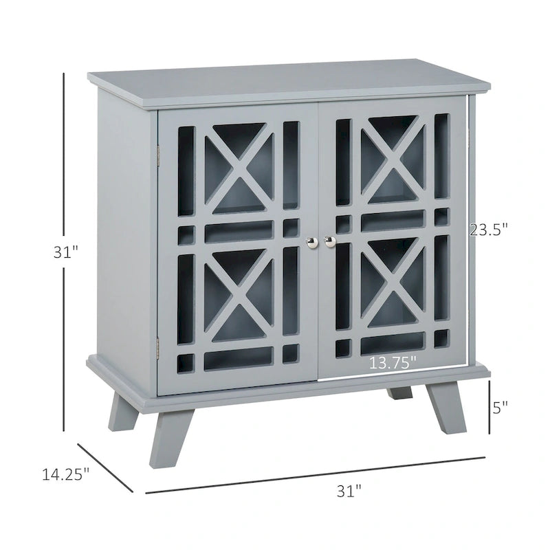 Accent Storage Cabinet Sideboard Serving Buffet Console with Fretwork Doors and Elevated Base, Grey - 31 x 14.25 x 31