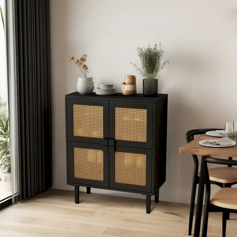 4-Doors Rattan Mesh Storage Cabinet
