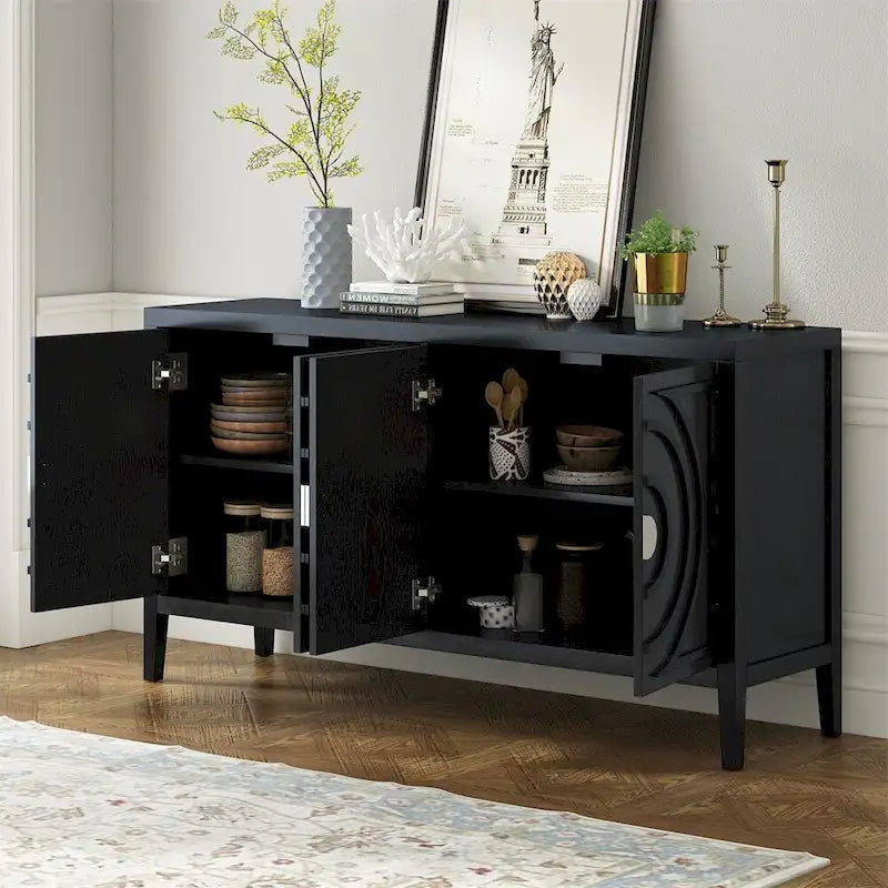 Retro Sideboard with Circular Groove Design Round Metal Door Handle
